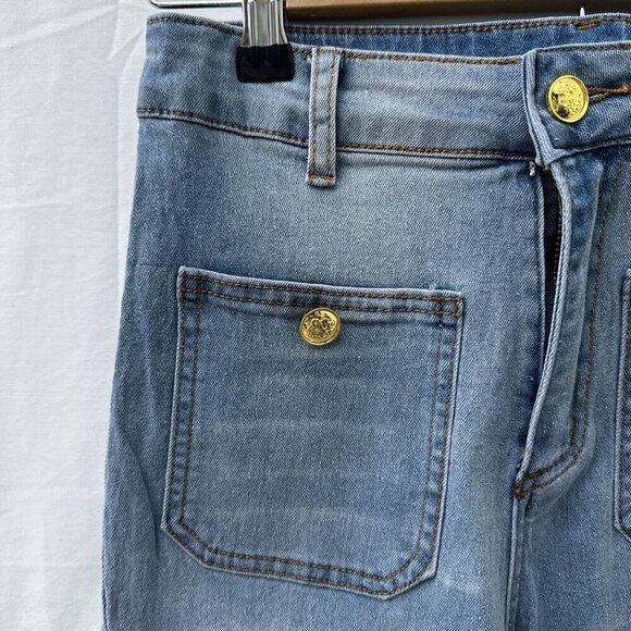 Sailor Gold Button Slim Wide-Leg Jean Light Wash Denim Women XS/24 - Picture 4 of 13